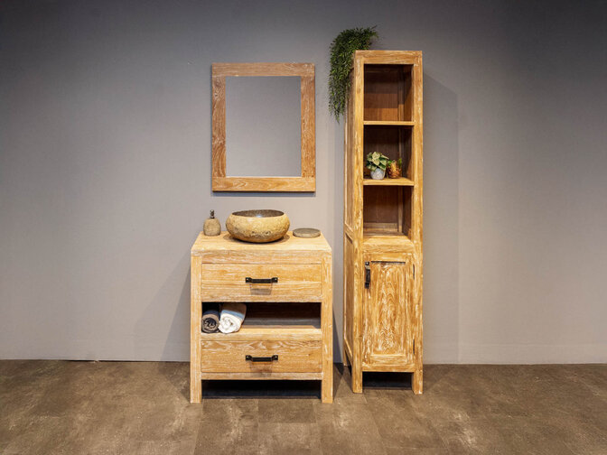 Badmöbel-Set 80 cm White Wash inkl. Schrank Spiegel und Waschbecken