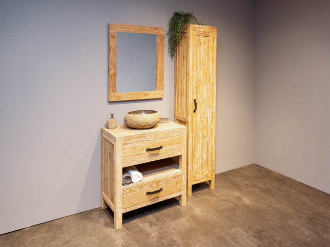 Badmöbel-Set 80 cm White Wash inkl. Schrank Spiegel und Waschbecken