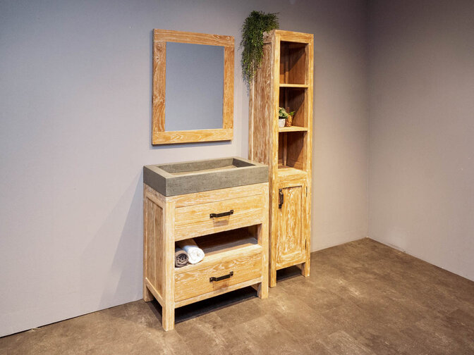 Badmöbel-Set 80 cm White Wash inkl. Schrank Spiegel und Waschbecken