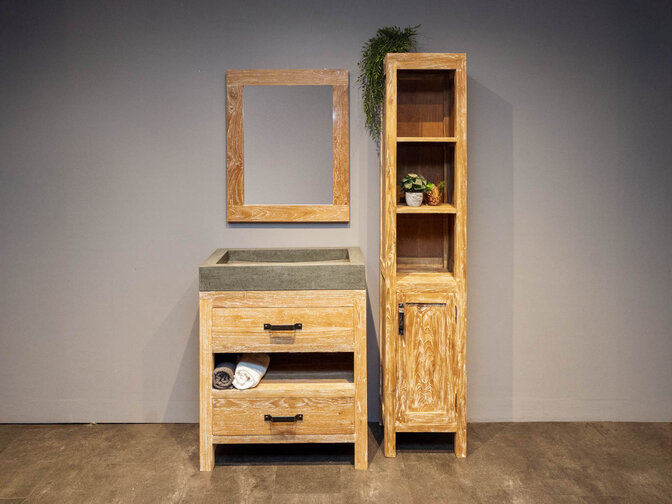 Badmöbel-Set 80 cm White Wash inkl. Schrank Spiegel und Waschbecken