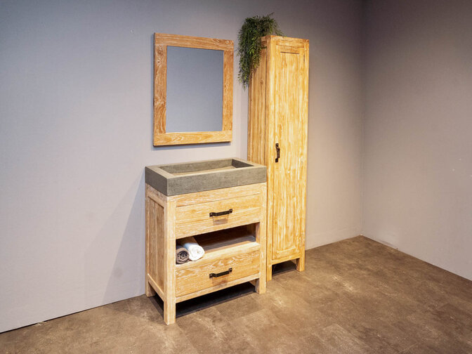 Badmöbel-Set 80 cm White Wash inkl. Schrank Spiegel und Waschbecken