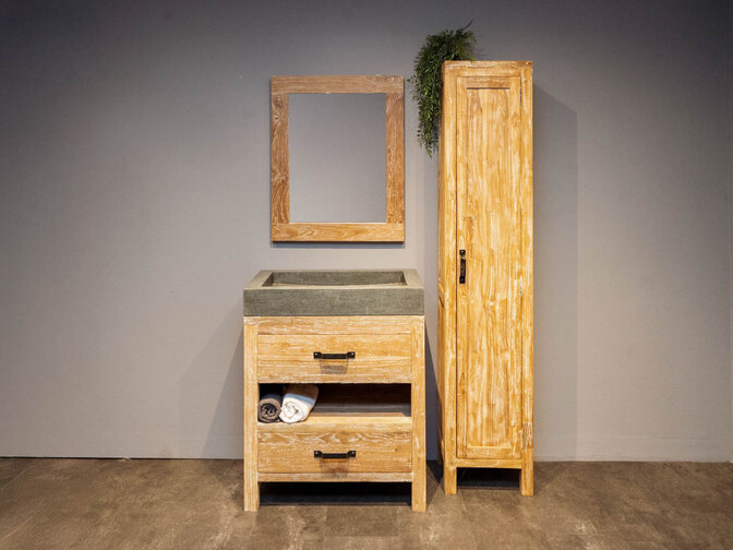 Badmöbel-Set 80 cm White Wash inkl. Schrank Spiegel und Waschbecken