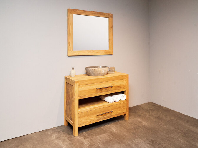 Teak-Badmöbel-Set 110 cm naturfarben inkl. Spiegel und Waschbecken