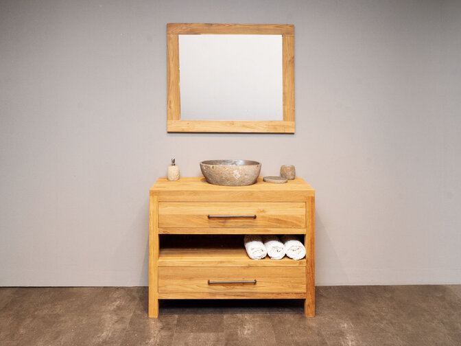 Teak-Badmöbel-Set 110 cm naturfarben inkl. Spiegel und Waschbecken