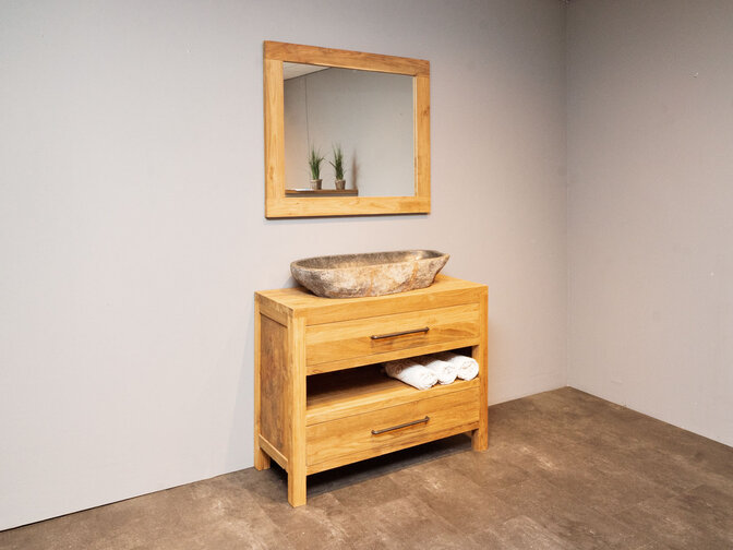 Teak-Badmöbel-Set 110 cm naturfarben inkl. Spiegel und Waschbecken