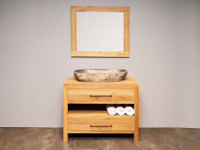 Teak-Badmöbel-Set 110 cm naturfarben inkl. Spiegel und Waschbecken