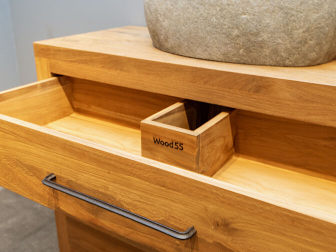 Teak-Badmöbel-Set 110 cm naturfarben inkl. Spiegel und Waschbecken