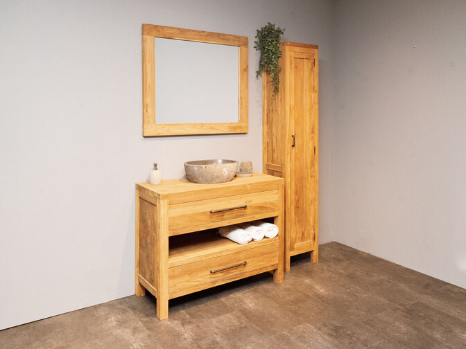 Badezimmermöbel-Set aus Teakholz 110 cm naturfarben mit Schrank Spiegel und Waschbecken