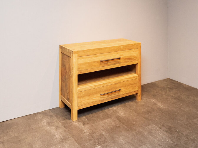 Badezimmermöbel-Set aus Teakholz 110 cm naturfarben mit Schrank Spiegel und Waschbecken