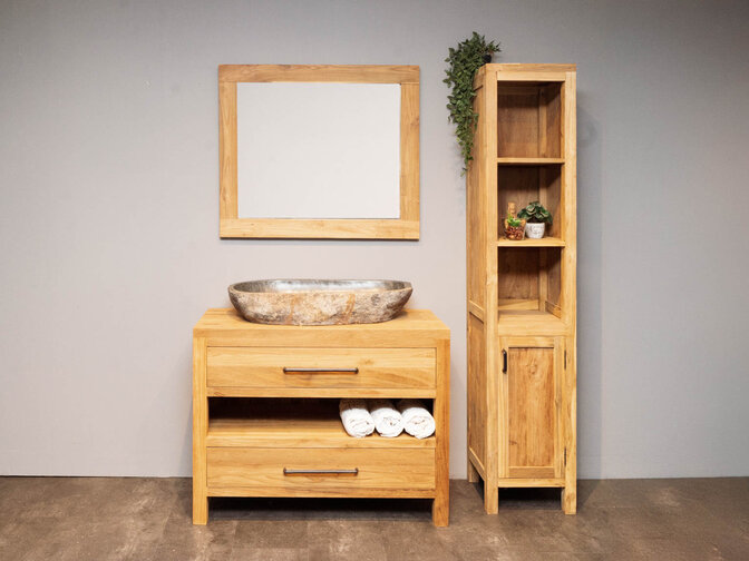 Badmöbel-Set 110 cm naturfarben mit Schrank Spiegel und ovalem Waschbecken