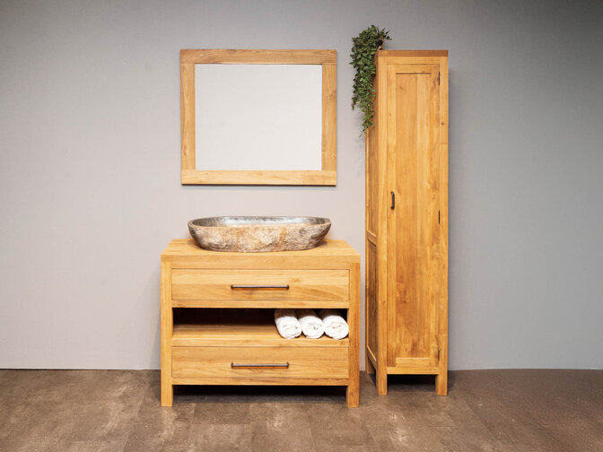 Badmöbel-Set 110 cm naturfarben mit Schrank Spiegel und ovalem Waschbecken