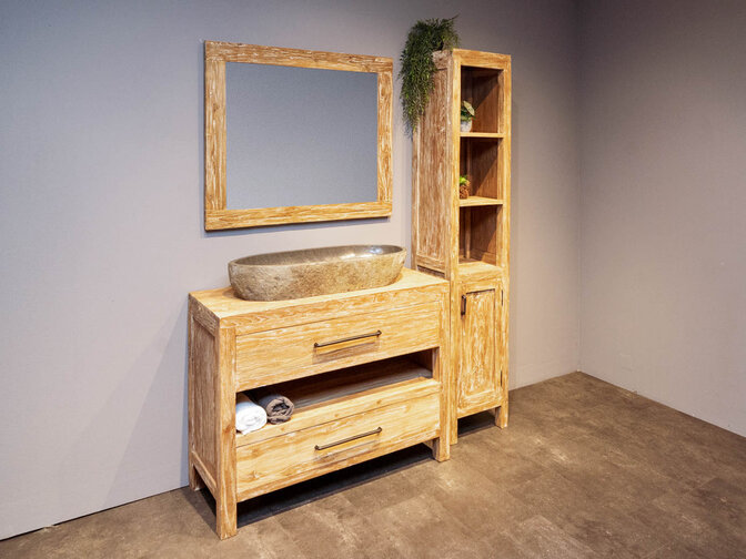 Badezimmermöbel-Set aus Holz 110 cm White Wash inkl. Schrank Spiegel und ovalem Waschbecken