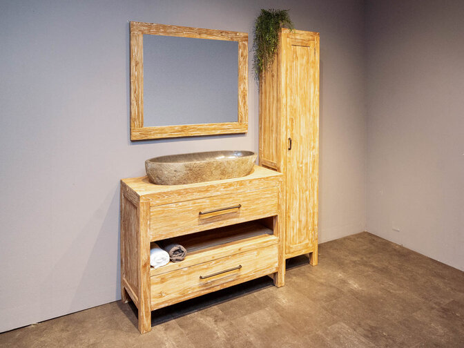 Badezimmermöbel-Set aus Holz 110 cm White Wash inkl. Schrank Spiegel und ovalem Waschbecken