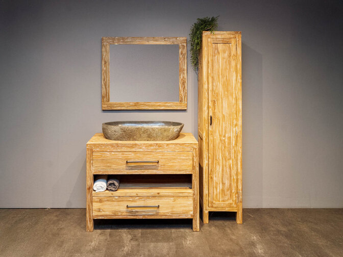 Badezimmermöbel-Set aus Holz 110 cm White Wash inkl. Schrank Spiegel und ovalem Waschbecken