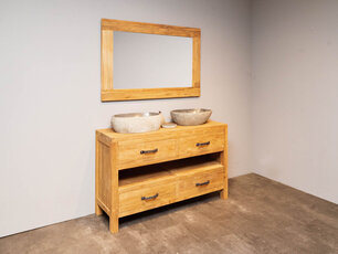 Badezimmermöbel-Set aus Teakholz 140 cm naturbelassen inkl. Spiegel und Waschbecken