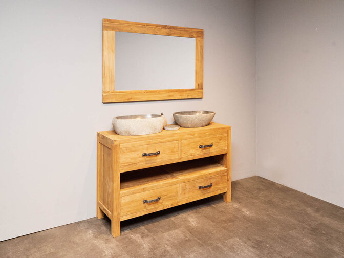 Badezimmermöbel-Set aus Teakholz 140 cm naturbelassen inkl. Spiegel und Waschbecken