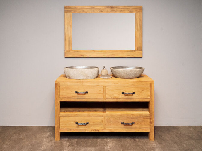 Badezimmermöbel-Set aus Teakholz 140 cm naturbelassen inkl. Spiegel und Waschbecken