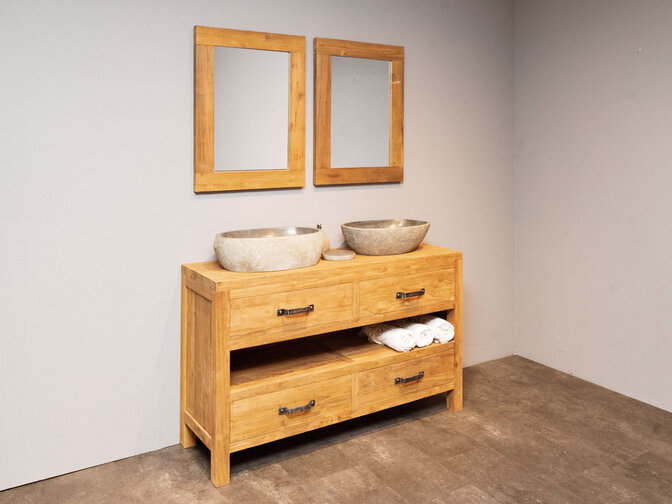 Badezimmermöbel-Set aus Teakholz 140 cm naturbelassen inkl. Spiegel und Waschbecken