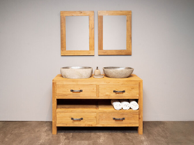 Badezimmermöbel-Set aus Teakholz 140 cm naturbelassen inkl. Spiegel und Waschbecken