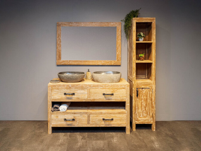 Badezimmermöbel-Set 140 cm inkl. Schrank Spiegel und Waschbecken White Wash