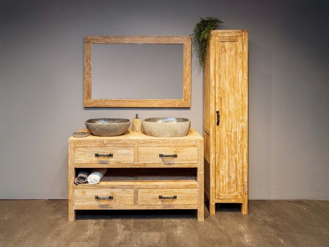 Badezimmermöbel-Set 140 cm inkl. Schrank Spiegel und Waschbecken White Wash