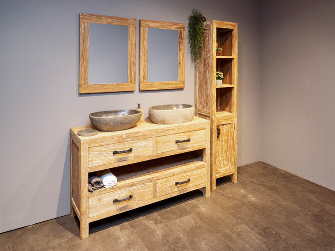 Teak-Badezimmermöbel-Set White Wash 140 cm mit Schrank, Spiegel, Waschbecken