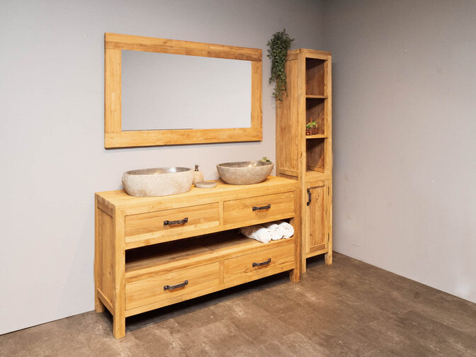 Badezimmermöbel-Set aus Holz 160 cm Natur inkl. Schrank Spiegel und Waschbecken
