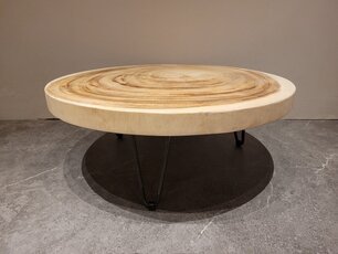 Runder Couchtisch mit Hairpins & Baumstamm-Tischplatte 80x31 cm