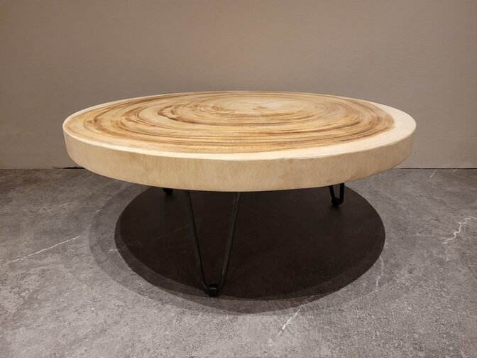 Runder Couchtisch mit Hairpins & Baumstamm-Tischplatte 80x31 cm