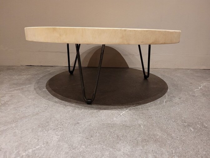 Runder Couchtisch mit Hairpins & Baumstamm-Tischplatte 80x31 cm