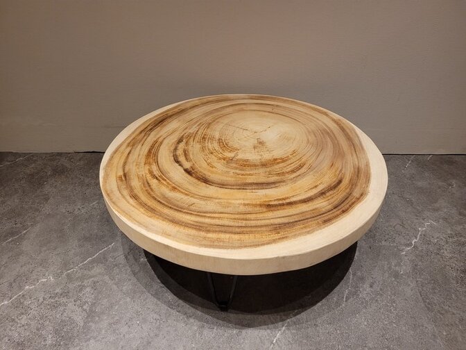 Runder Couchtisch mit Hairpins & Baumstamm-Tischplatte 80x31 cm