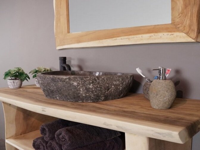 Suar-Badmöbel-Set 150 cm einschließlich Spiegel und Waschbecken