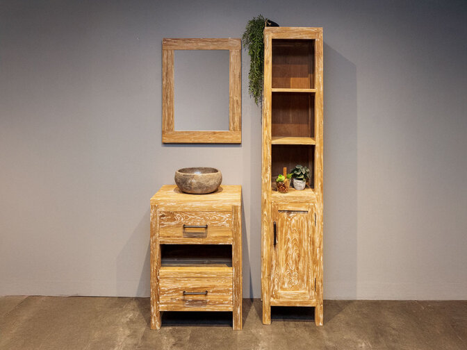 Teak Badmöbel-Set 60 cm White Wash mit Spiegel und Waschbecken