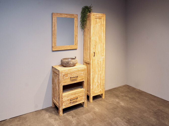 Teak Badmöbel-Set 60 cm White Wash mit Spiegel und Waschbecken
