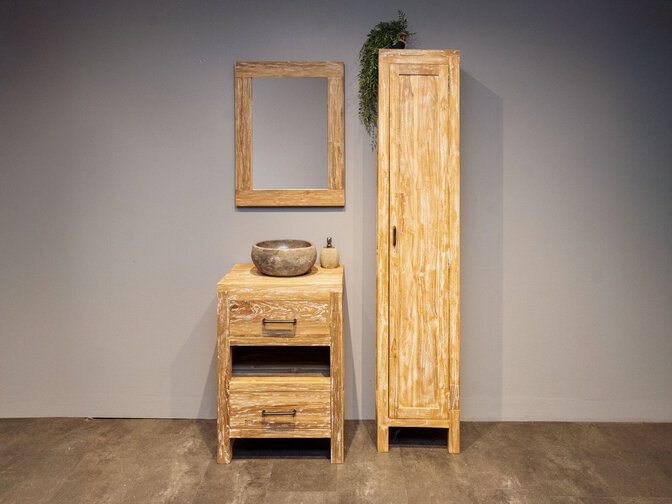 Teak Badmöbel-Set 60 cm White Wash mit Spiegel und Waschbecken