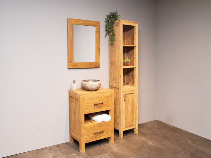Teak Badmöbel-Set 60 cm naturfarben mit Spiegel und Waschbecken