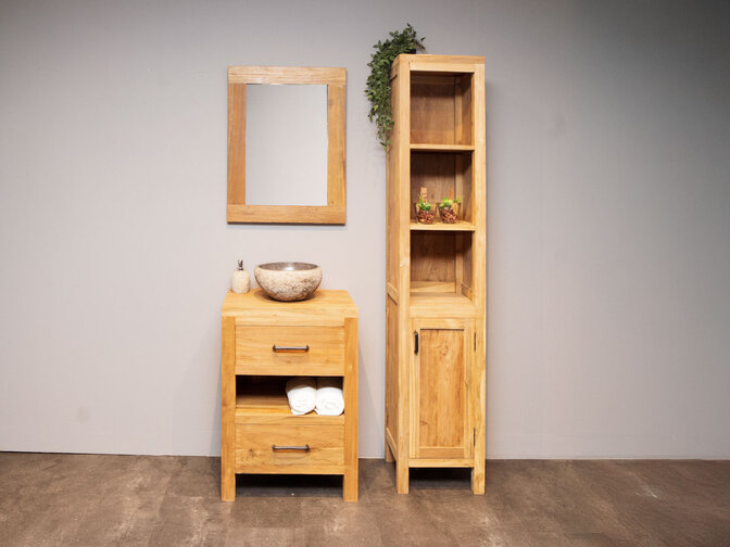 Teak Badmöbel-Set 60 cm naturfarben mit Spiegel und Waschbecken
