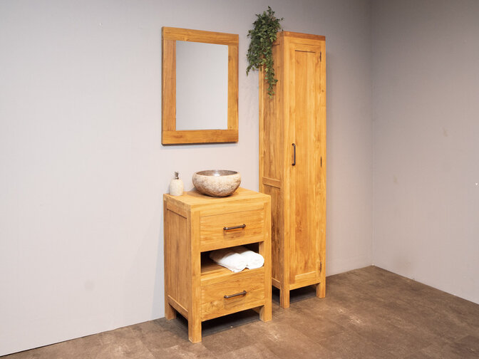 Teak Badmöbel-Set 60 cm naturfarben mit Spiegel und Waschbecken