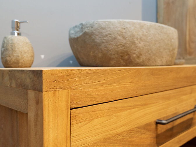 Teak Badmöbel-Set 60 cm naturfarben mit Spiegel und Waschbecken