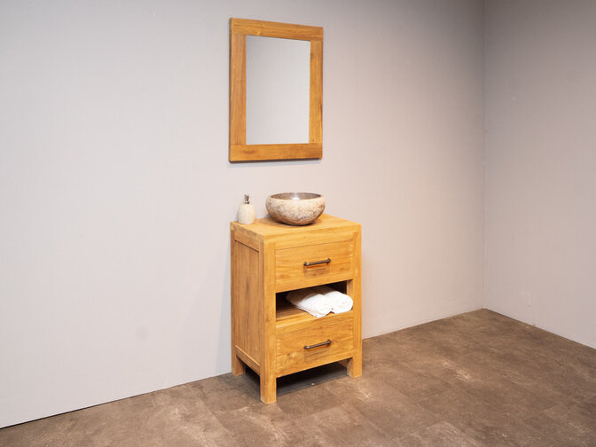 Teak Badmöbel-Set 60 cm naturfarben mit Spiegel und Waschbecken