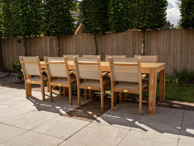 Teak Gartenset Verona 300 + 8 Gartenstühle Torino Batyline