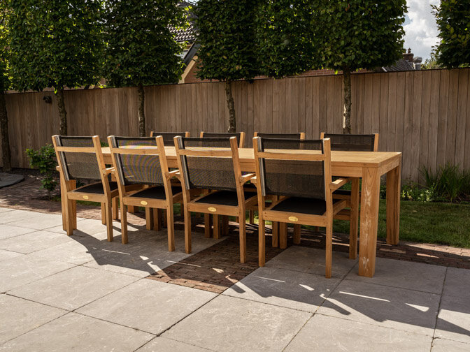 Teak Gartenset Verona 300 + 8 Gartenstühle Torino Batyline