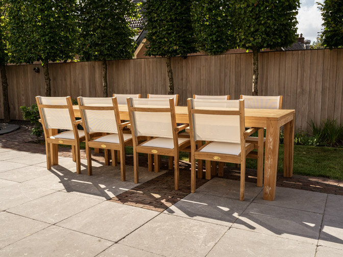 Teak Gartenset Verona 300 + 8 Gartenstühle Torino Batyline