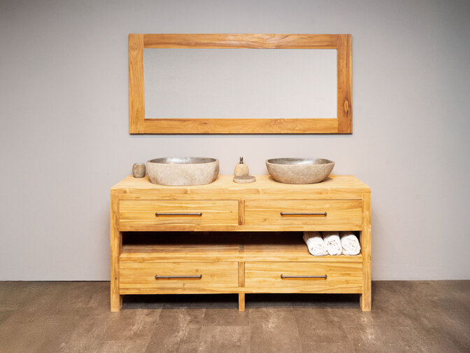 Badezimmermöbel-Set 180 cm Naturfarbe inkl. Spiegel und Waschbecken