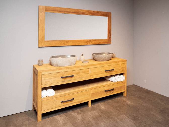Badezimmermöbel-Set 200 cm Naturfarbe inkl. Spiegel und Waschbecken