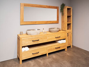 Badezimmermöbel-Set aus Holz 200 cm Naturfarbe inkl. Schrank Spiegel und Waschbecken
