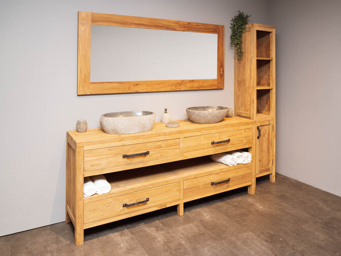 Badezimmermöbel-Set aus Holz 200 cm Naturfarbe inkl. Schrank Spiegel und Waschbecken