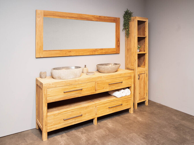 Badezimmermöbel-Set aus Holz 180 cm Natur inkl. Schrank Spiegel und Waschbecken