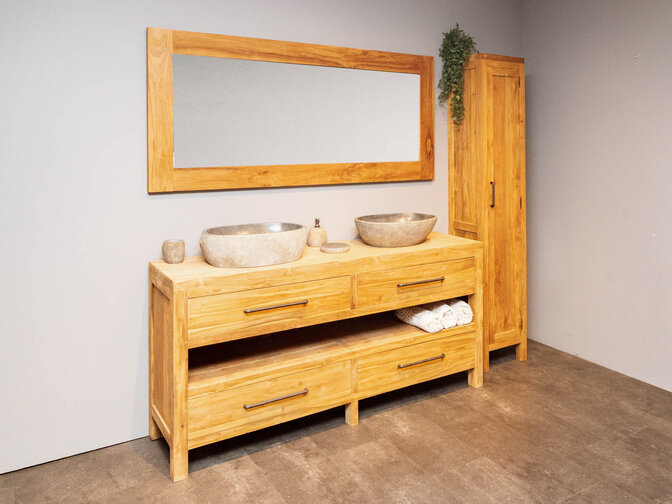 Badezimmermöbel-Set aus Holz 180 cm Natur inkl. Schrank Spiegel und Waschbecken