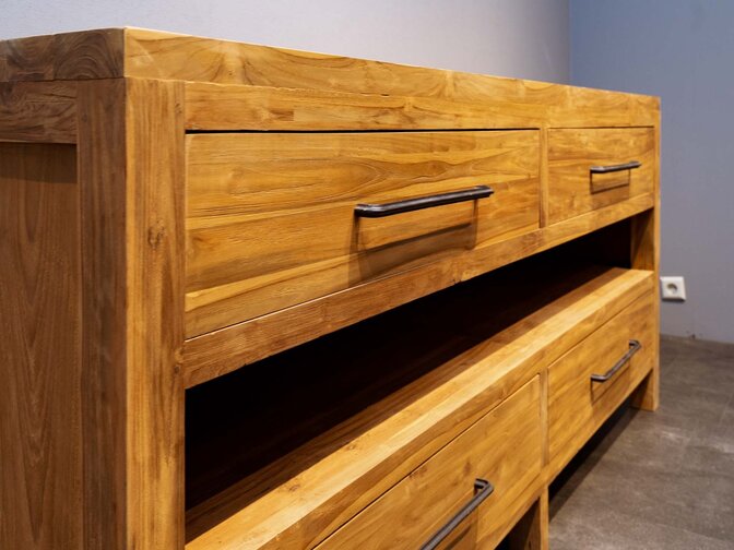 Badezimmermöbel-Set aus Holz 180 cm Natur inkl. Schrank Spiegel und Waschbecken